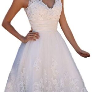 Short Lace Wedding Dresses Knee Length Travel Tulle Rhinestones V-Neck Lace Up Bride Gowns Vintage Dress