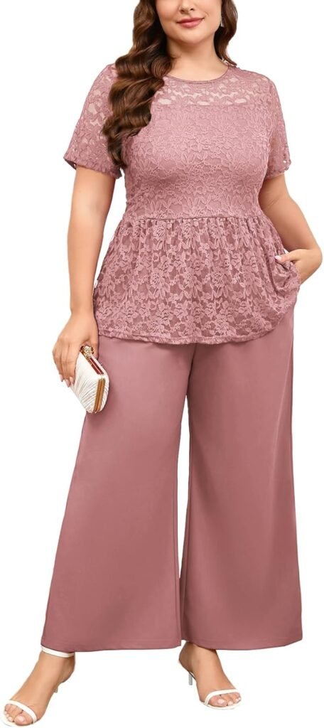 ZOMVA 1X-4X Plus Size Mother of Bride Groom Pant Suits Elegant Lace Short Sleeve Pantsuits 2 Piece Sets Formal Wedding Guest
