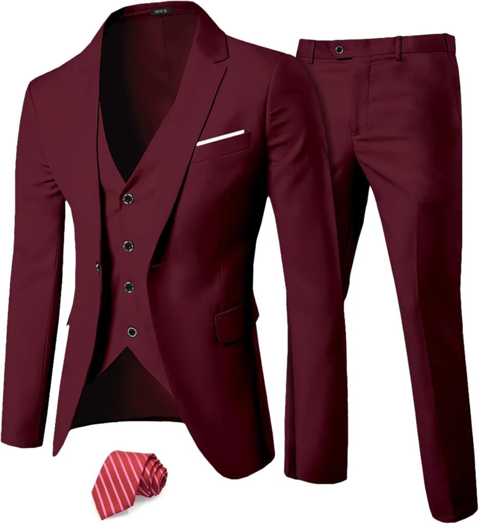MY'S Men's 3 Piece Slim Fit Suit Set, One Button Solid Jacket Vest Pants with Tie