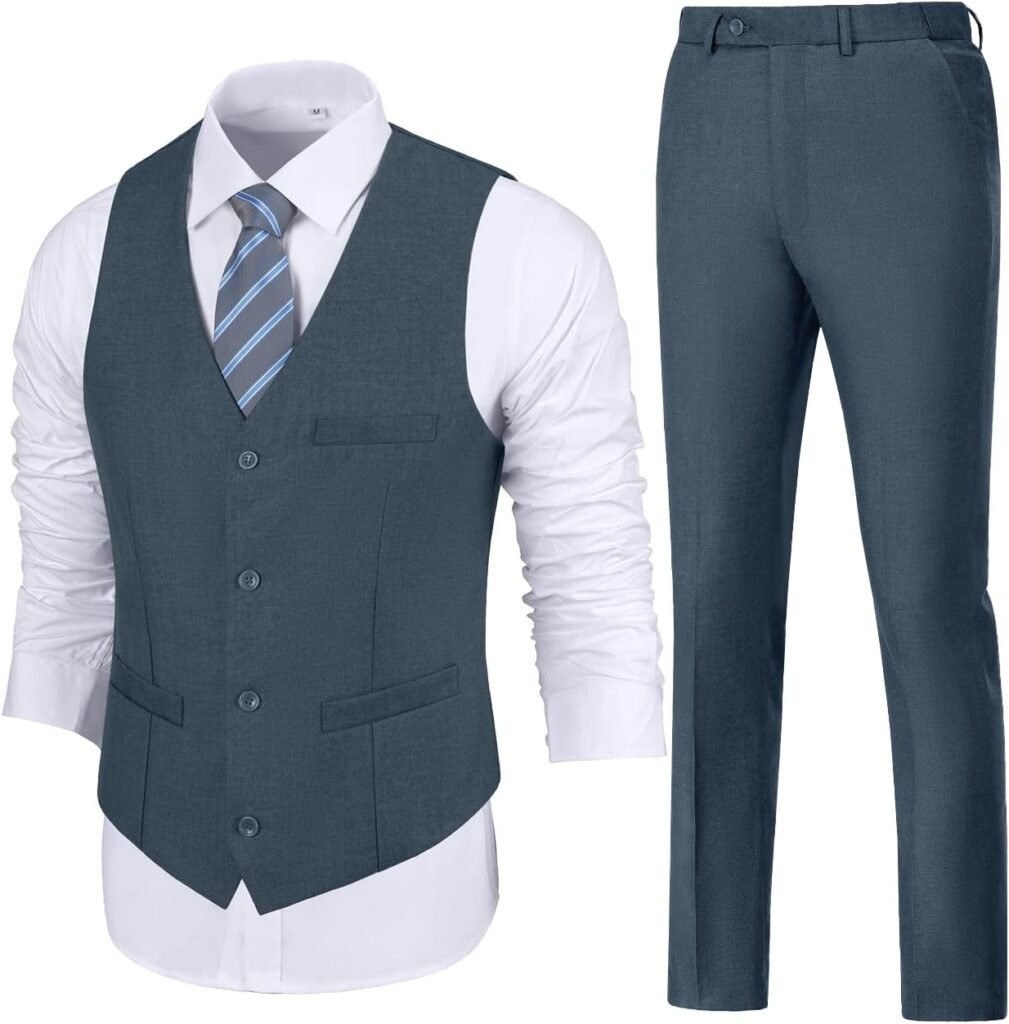 Mens Slim Fit 2 Piece Suit Set V-Neck Solid Dress Suit Vest Pants Wedding Prom Tuxedo for Men