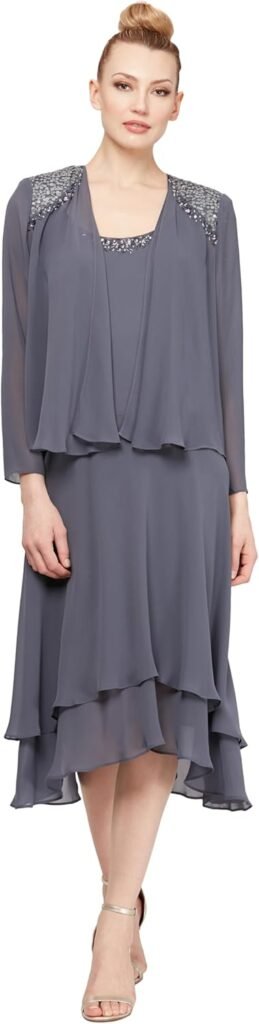 S.L. Fashions Women's Mother of The Bride Dress with Embellished Neckline & Shoulder, Wedding Guest (Petite and Regular Sizes), Steel, 14