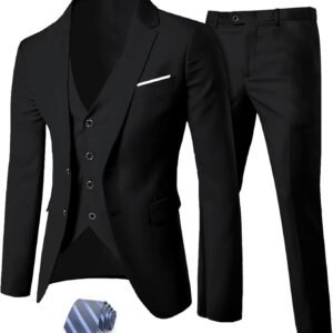 MY'S Men's 3 Piece Slim Fit Suit Set, Two Button Blazer Jacket Vest Pants with Tie, Solid Wedding Dress Tux and Trousers