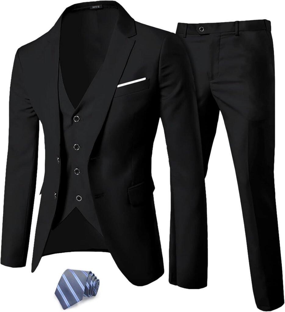 MY'S Men's 3 Piece Slim Fit Suit Set, Two Button Blazer Jacket Vest Pants with Tie, Solid Wedding Dress Tux and Trousers