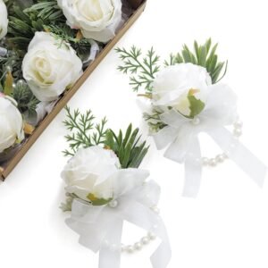 Floroom Set of 6 Ivory Rose Wrist Corsage Wristlet Band Bracelet for Women Bride Bridesmaid White Wedding Prom