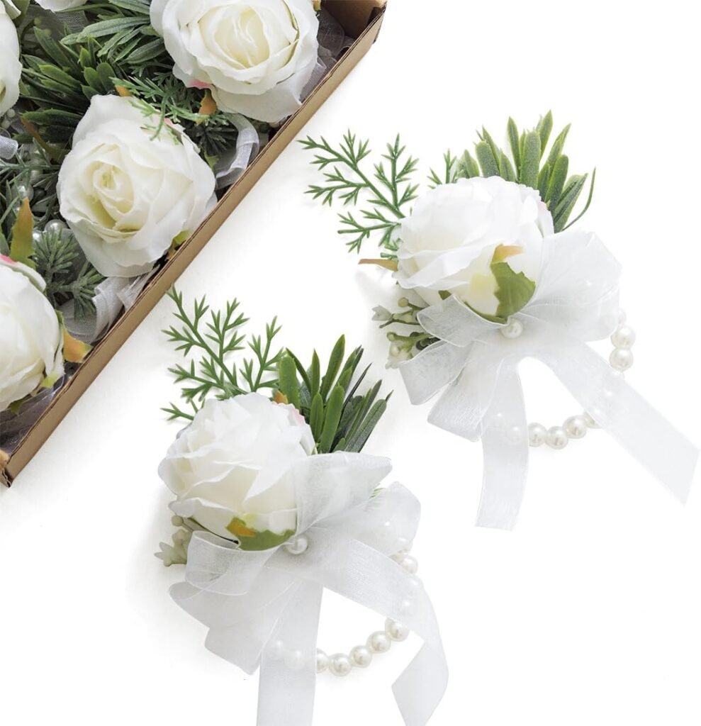 Floroom Set of 6 Ivory Rose Wrist Corsage Wristlet Band Bracelet for Women Bride Bridesmaid White Wedding Prom