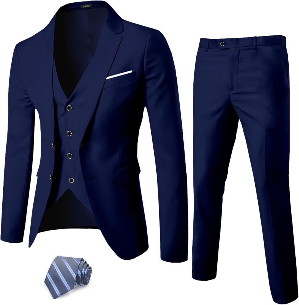 YND Men's Slim Fit 2 Button 3 Piece Suit Set, Solid Blazer Jacket Vest Pants & Tie