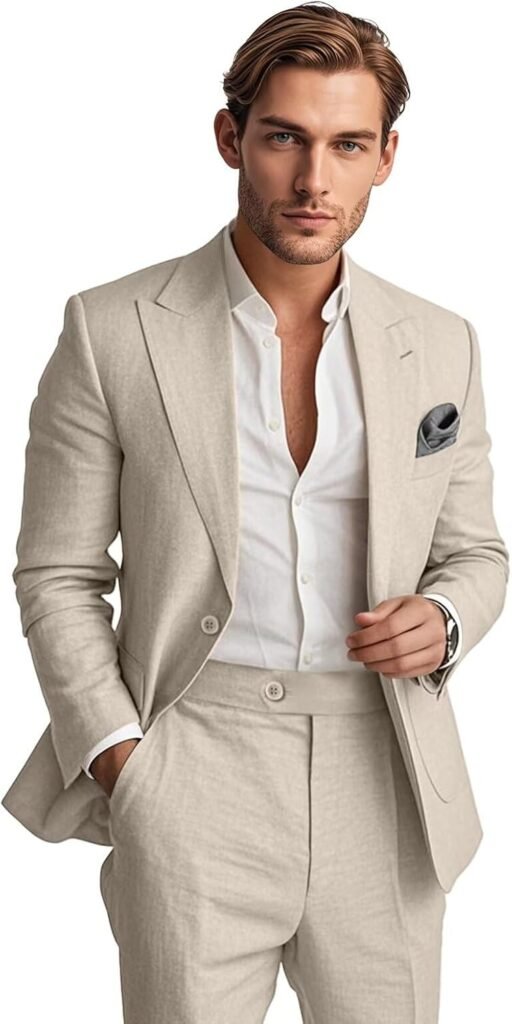 Mens Linen Suit 2 Piece Summer Casual Business Slim Fit Blazer Set for Beach Weddings Parties Tuxedo Jacket Pants