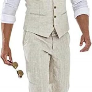High-End Suits Casual Linen Beige Men's 2 Piece Suits Wedding Suits Slim Fit Groomsmen Tuxedos Summer Linen Vest Pant