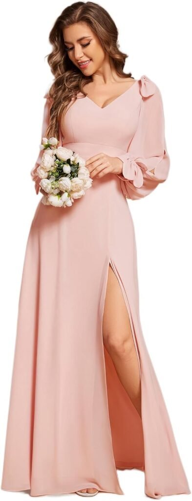 Ever-Pretty Women's Elegant Double V Neck Hollowed-Out Long Sleeves High Waist Split Chiffon Formal Dress 80116