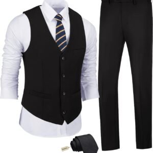 JPF Men's 2 Piece Slim Fit Suit Set, Solid Vest and Pants Suit for Men with Tie