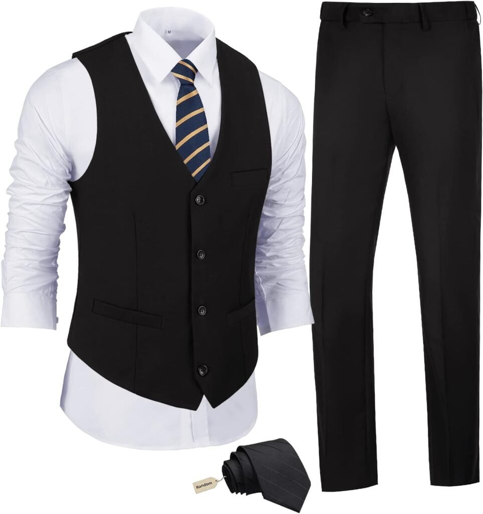 JPF Men's 2 Piece Slim Fit Suit Set, Solid Vest and Pants Suit for Men with Tie