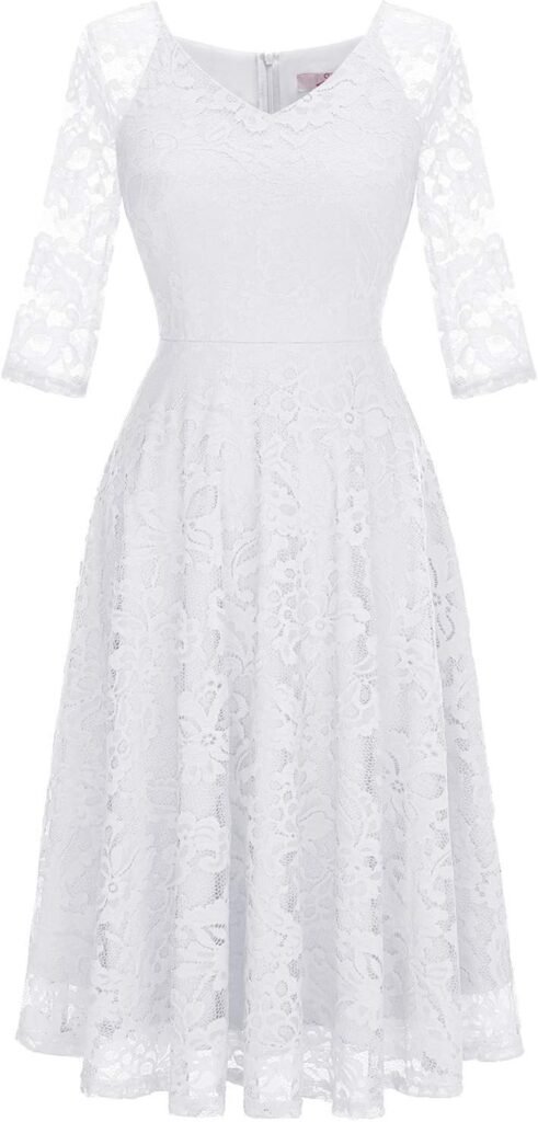 Dressystar Womens Long-Sleeve Wedding Guest Dress A-Line Lace Formal Party Cocktail Midi Dress Prom Gown