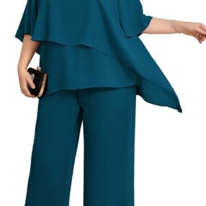 Hanna Nikole Plus Size Mother of Bride Pant Suits 2 Piece Chiffon Sets Ruffle Layers Wedding Guest Outfit