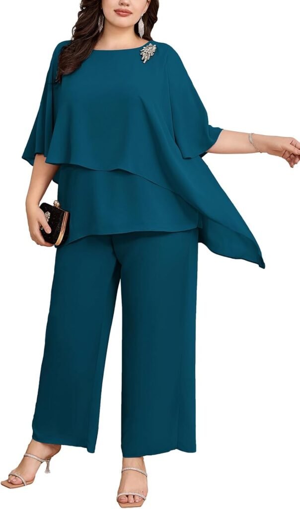 Hanna Nikole Plus Size Mother of Bride Pant Suits 2 Piece Chiffon Sets Ruffle Layers Wedding Guest Outfit