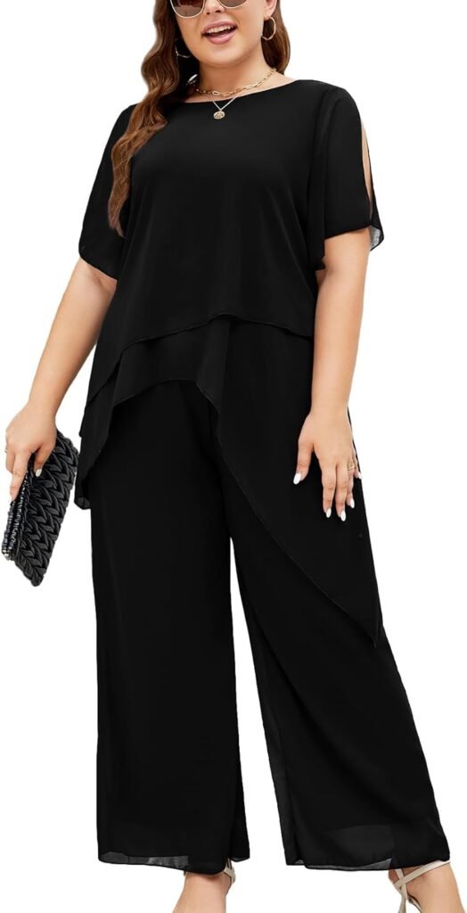 ZOMVA Plus Size Dressy Chiffon Pant Suit 2 Piece for Wedding Mother of The Bride Groom Formal Set Elegant Outfit