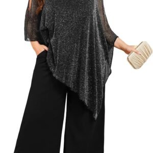 ZOMVA Plus Size Mother of The Bride Pant Suits Dressy 2 Piece Asymmetric Cape Set with Pockets Wedding Guest Outfit