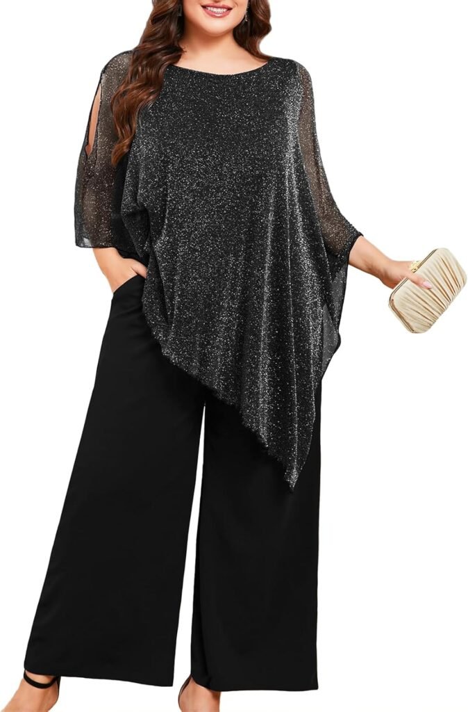 ZOMVA Plus Size Mother of The Bride Pant Suits Dressy 2 Piece Asymmetric Cape Set with Pockets Wedding Guest Outfit