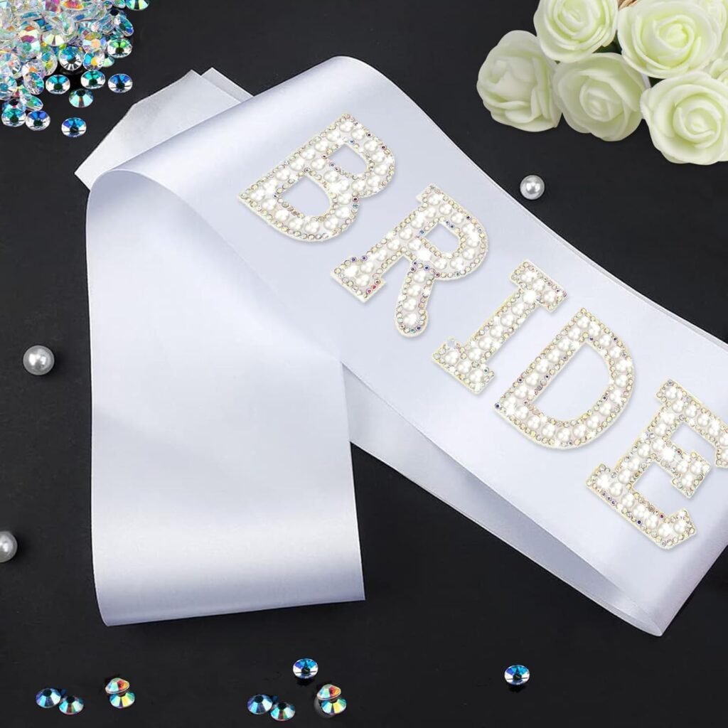 White Bride Sash with Pearls and Rhinestones, Bachelorette Party Sash, Bridal Shower Gift Wedding Party Decorations