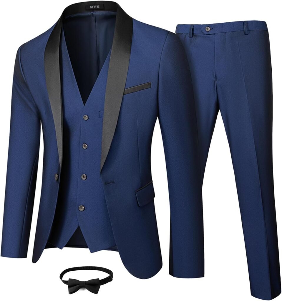 MY'S Mens 3-Piece Suit Shawl Lapel One Button Tuxedo Winter Fabric Slim Fit Dinner Jacket Vest Pants & Tie Set
