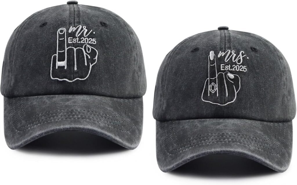 Set 2 of Mr and Mrs Est 2025 Hats for Men Women, Funny Cotton Embroidered Bride Groom Baseball Cap