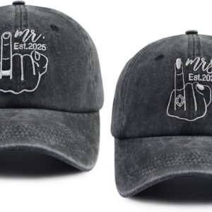 Set 2 of Mr and Mrs Est 2025 Hats for Men Women, Funny Cotton Embroidered Bride Groom Baseball Cap