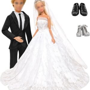 4 Pack Doll Wedding Set 1 White Bride Wedding with Veil for 11.5 Inch Girl Doll 1 Black Groom Suit Clothes for 12 Inch Boy Doll 2 Pairs of Shoes for Dolls
