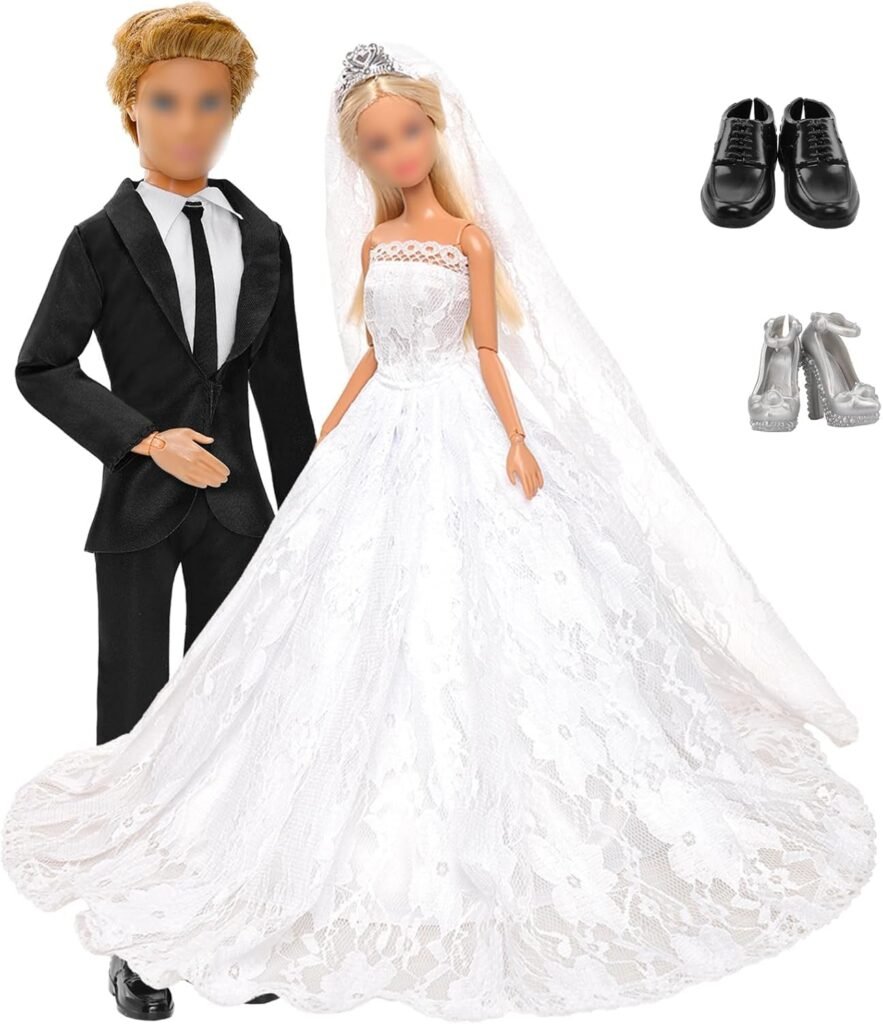 4 Pack Doll Wedding Set 1 White Bride Wedding with Veil for 11.5 Inch Girl Doll 1 Black Groom Suit Clothes for 12 Inch Boy Doll 2 Pairs of Shoes for Dolls