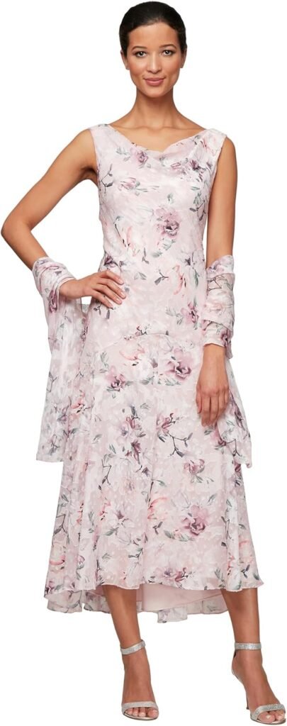Alex Evenings Women's Formal Sleeveless Cowl Neck Floral Print Gown with Shawl, Wedding Guest, Mother of The Bride Dress