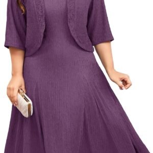 ZOMVA Plus Size Mother of The Bride Groom Dresses for Curvy Women 2 Piece Wedding Guest Dress with Jacket Tea Length