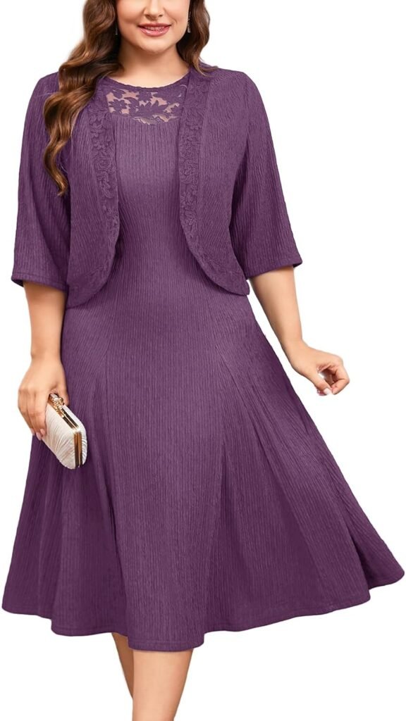 ZOMVA Plus Size Mother of The Bride Groom Dresses for Curvy Women 2 Piece Wedding Guest Dress with Jacket Tea Length
