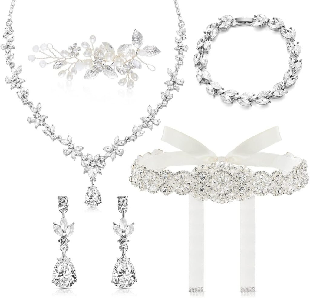 Henoyso Bride Jewelry Set 5 Pieces Wedding Jewelry for Bride Rhinestone Jewelry Set for Wedding Bridal Bachelorette Party Prom