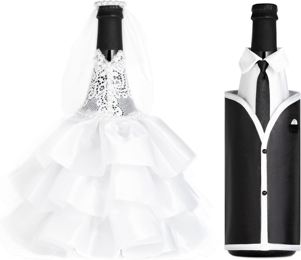Magik Life Bride Groom Wine Bottle Covers- Wedding Gifts For the Couple- Fun Bottle Cover- Centerpieces Decorations- Wine décor -Royal White