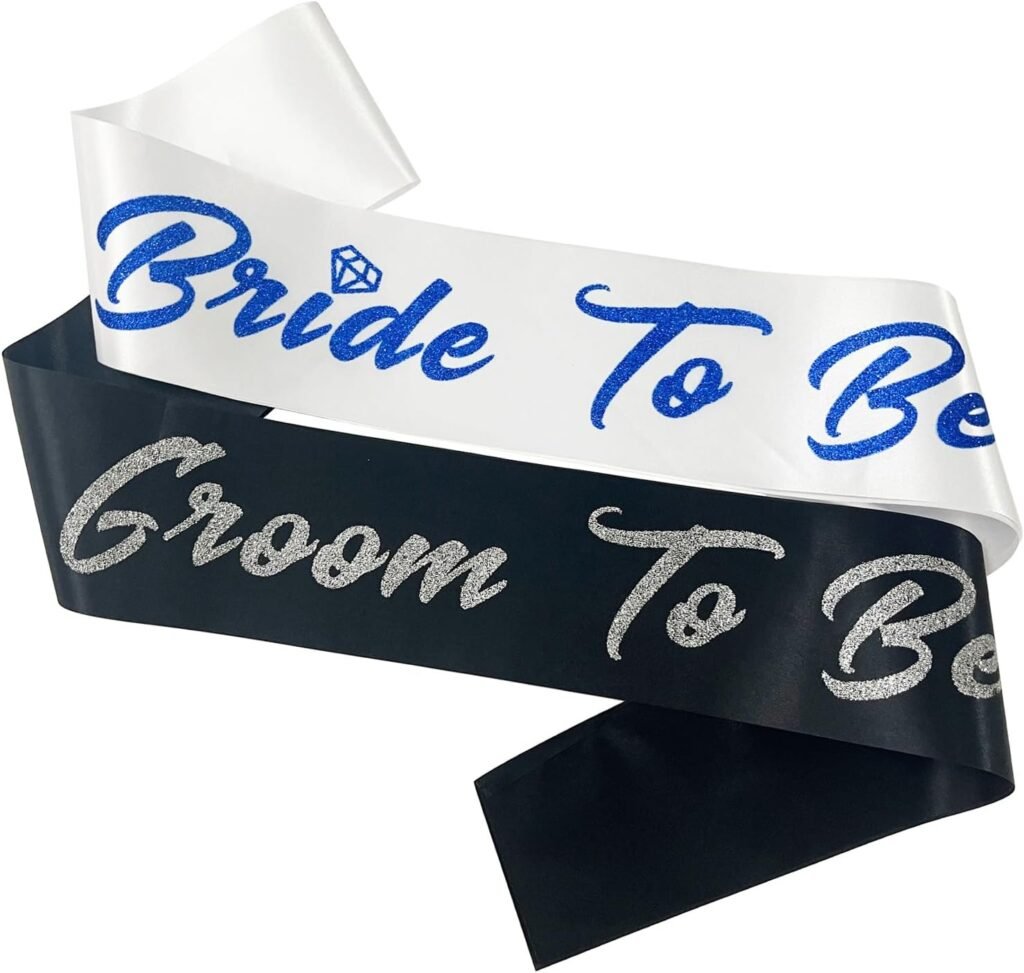 Bride and Groom to Be Sash Set, White Satin Soft Sashes with Blue Glitter Letter for Bridal Shower Engagement Bachelorette Party Decorations Supplies