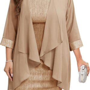 ZOMVA Plus Size Sparkly Formal Dress Suit 2 Piece Mother of The Bride Groom Chiffon Jacket Outfit Cocktail Evening