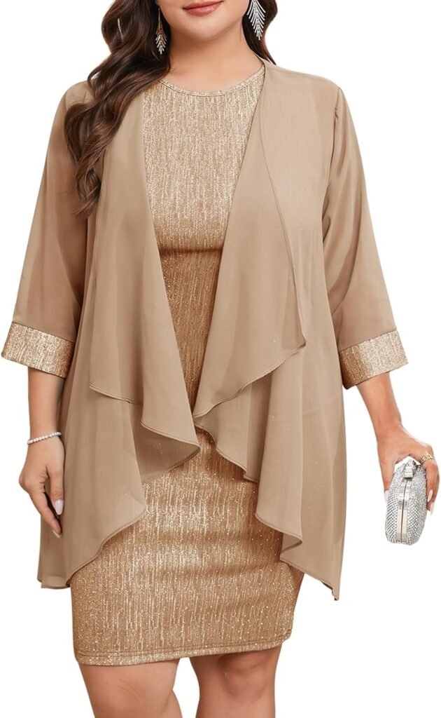 ZOMVA Plus Size Sparkly Formal Dress Suit 2 Piece Mother of The Bride Groom Chiffon Jacket Outfit Cocktail Evening