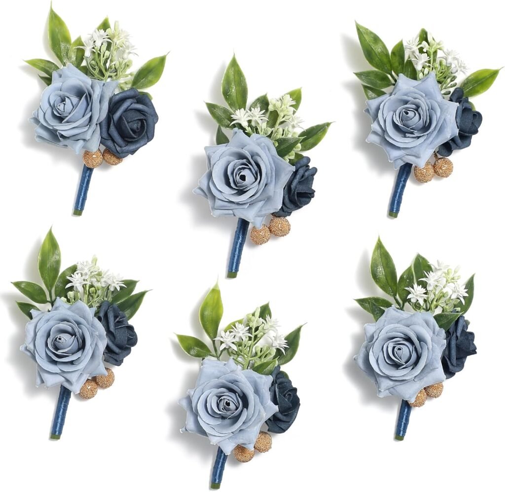 Serwalin Blue Boutonniere for Men, 6Pcs Groom and Best Man Prom Boutonniere for Wedding Ceremony Anniversary, Homecoming, Formal Party and Rustic Fall Wedding Marriage