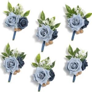 Serwalin Blue Boutonniere for Men, 6Pcs Groom and Best Man Prom Boutonniere for Wedding Ceremony Anniversary, Homecoming, Formal Party and Rustic Fall Wedding Marriage