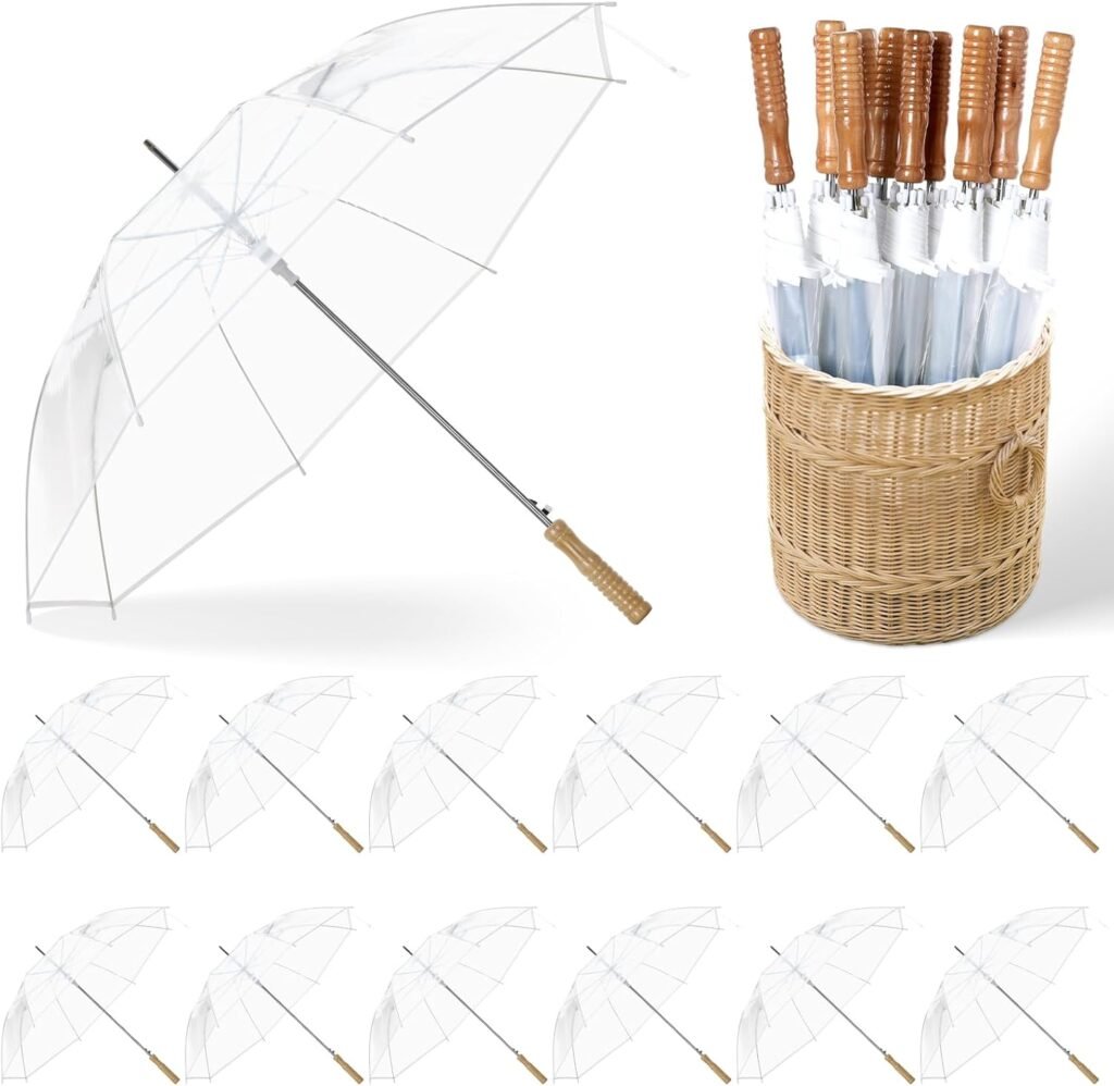 24 Pcs Wedding Umbrellas Bulk, 41 Inch Wedding Stick Umbrellas with Wooden Handle Large Canopy Windproof Rain for Bride Groom Bridal Shower Party Decor