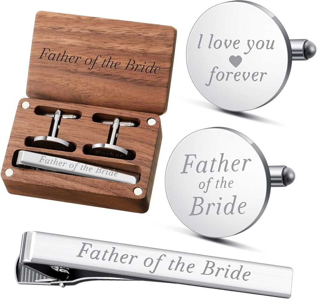 Father of the Bride Gift Father of the Bridegroom Cufflinks Tie Clip Set with Engraved Wood Gift Box for Dad
