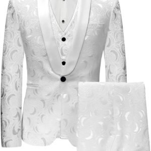 Wemaliyzd Men's 3 Pieces Jacquard Wedding Suit Classic Fit Blazer Vest Pants