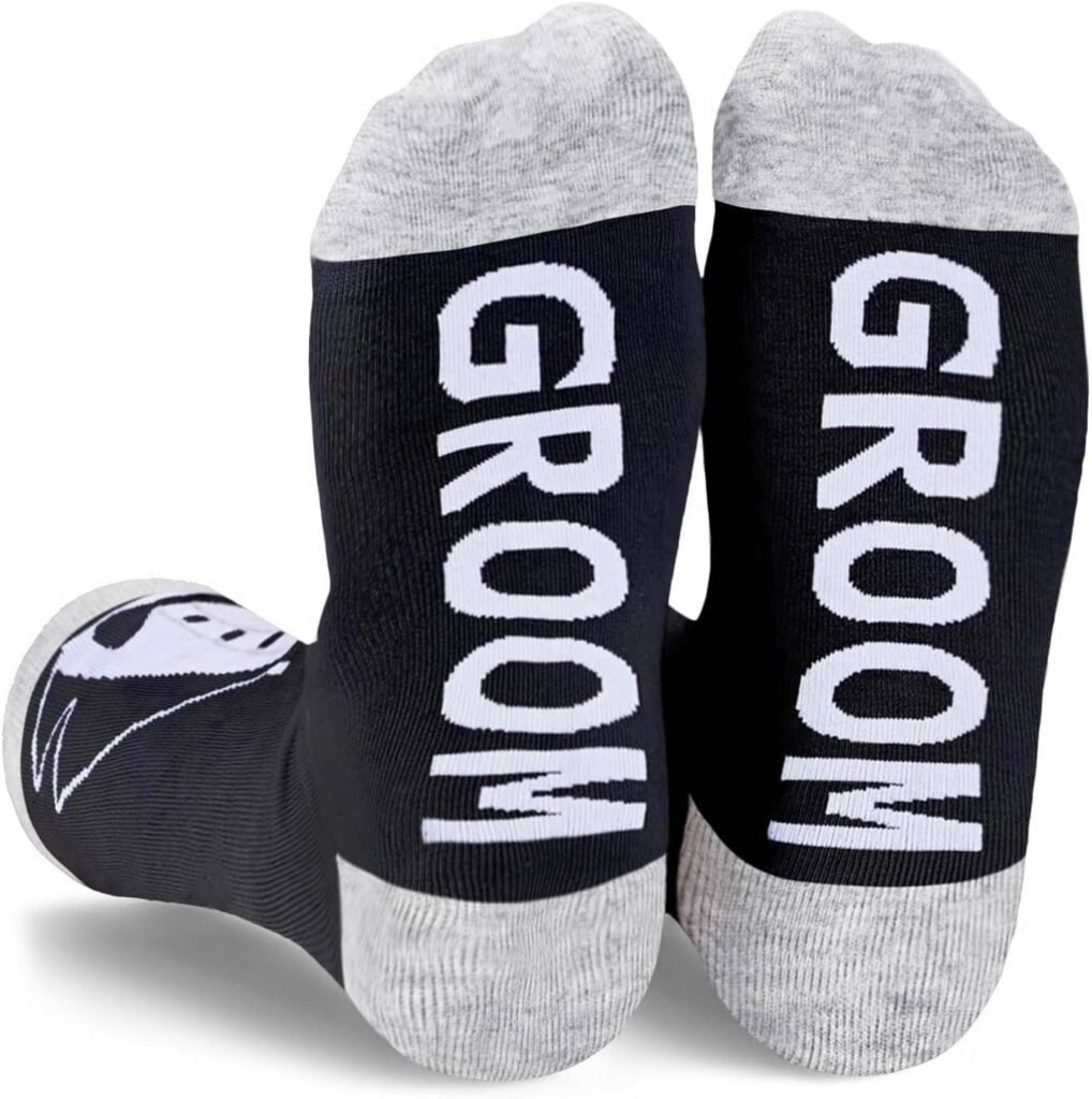HAPPYPOP mens Funny Wedding Gifts For Bride Groom, Maid of Honor Bridal Shower Socks, Groom Black, Medium