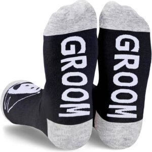 HAPPYPOP mens Funny Wedding Gifts For Bride Groom, Maid of Honor Bridal Shower Socks, Groom Black, Medium
