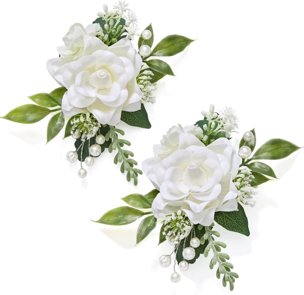 Alecono Boutonniere for Men, Set of 2 for Wedding Groom Groomsmen, White Artificial Flowers for Ceremony Anniversary Marriage Graduation Prom Dinner Party Homecoming
