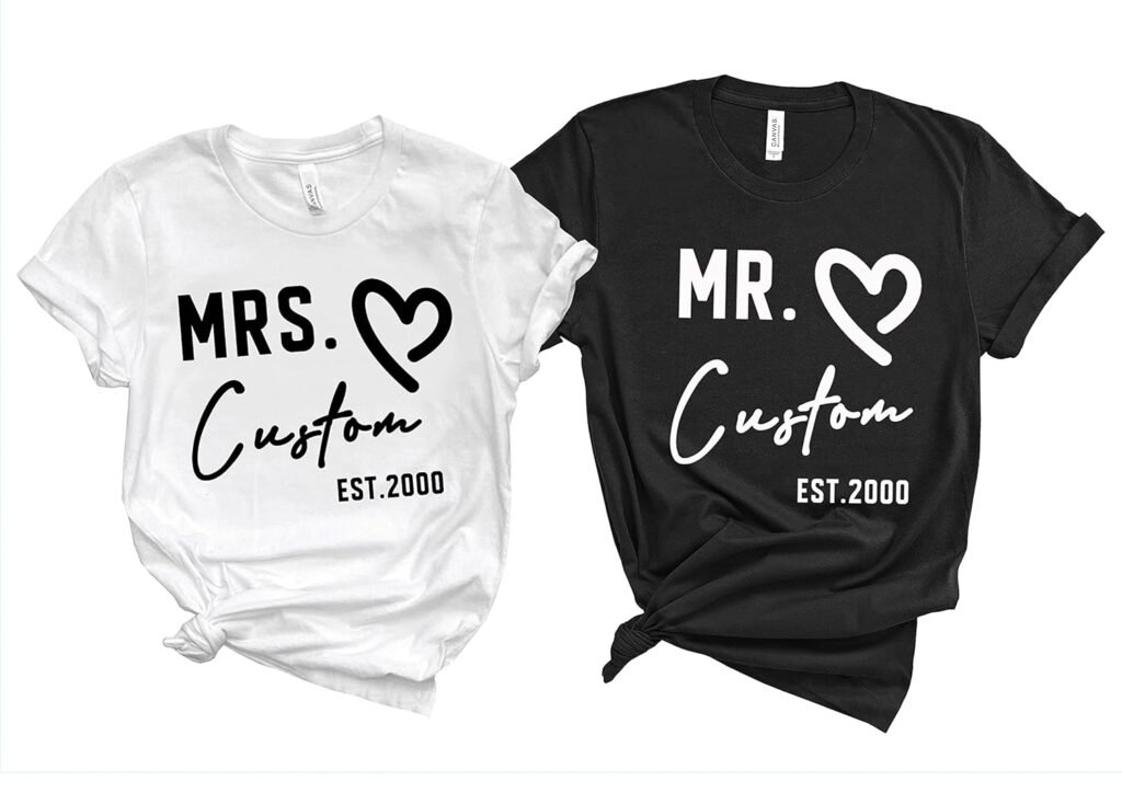 Customized Matching Mr and Mrs T-Shirts, Bride Tshirt, Honeymoon Shirts, Wedding Anniversary Tee, His Hers Pajamas, Gift For Him, Gift For Her, Birthday Gift For Girlfriend Boyfriend, Christmas Shirt for Couple