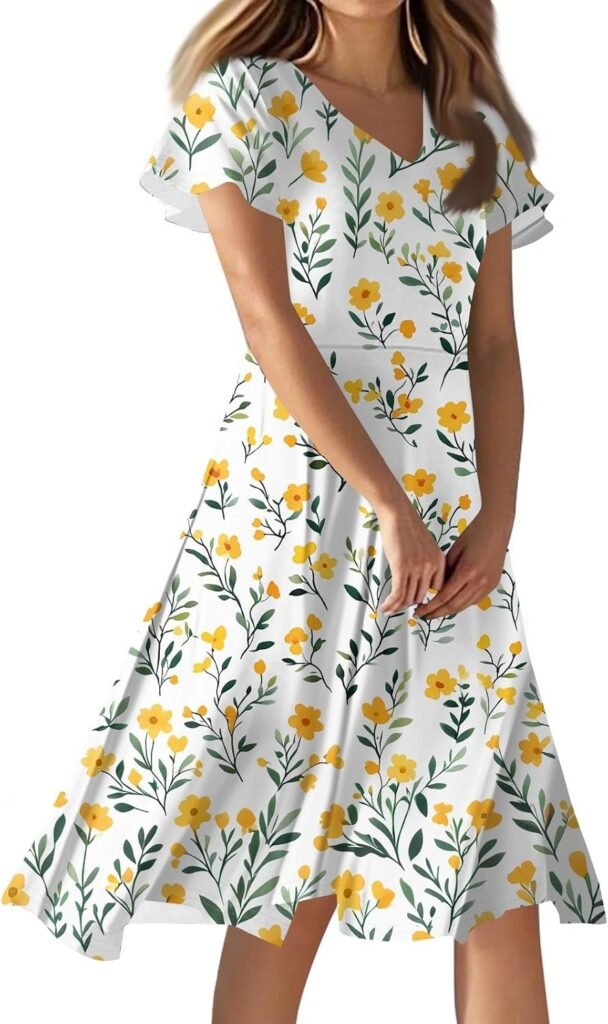 Floral Wedding Guest Dresses for Women Elegant Flutter Sleeve Empire Waist Short Dresses Boho Church Outfits