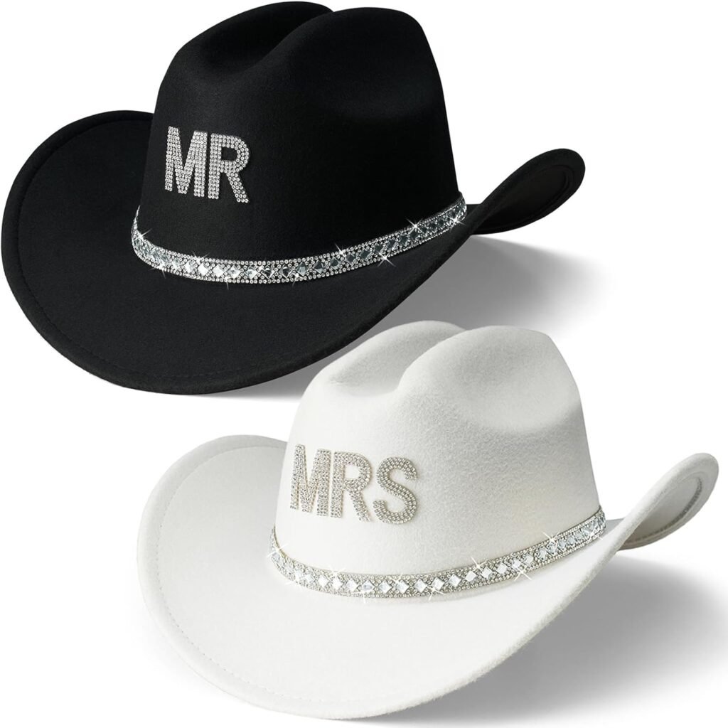 AW BRIDAL Engagement Bridal Shower Wedding Gifts for Couples - Mr & Mrs Rhinestone Felt Cowboy Hat for Women Men Western Hats