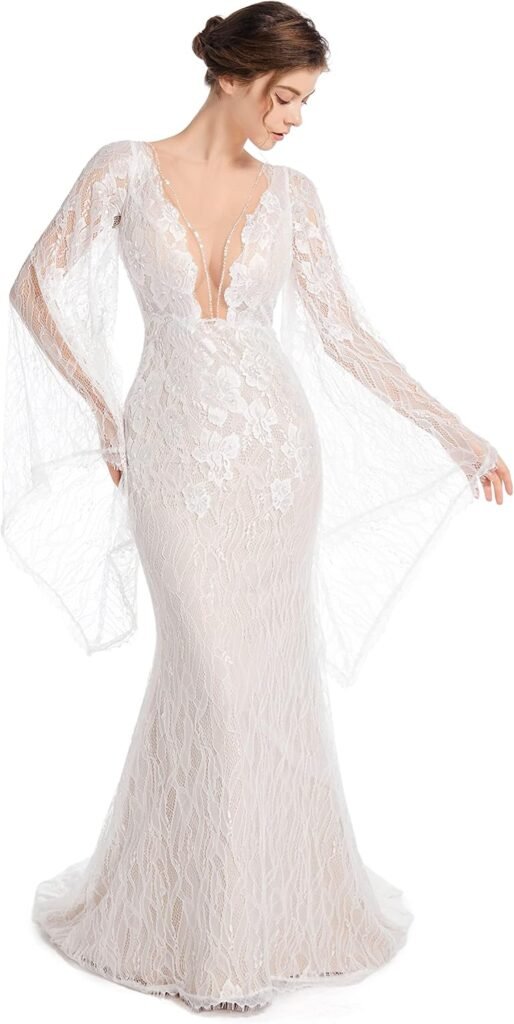 Luxury Lace Flare Sleeves Mermaid Wedding Dress Boho Beach Sexy Deep V Open Back Bridal Gowns