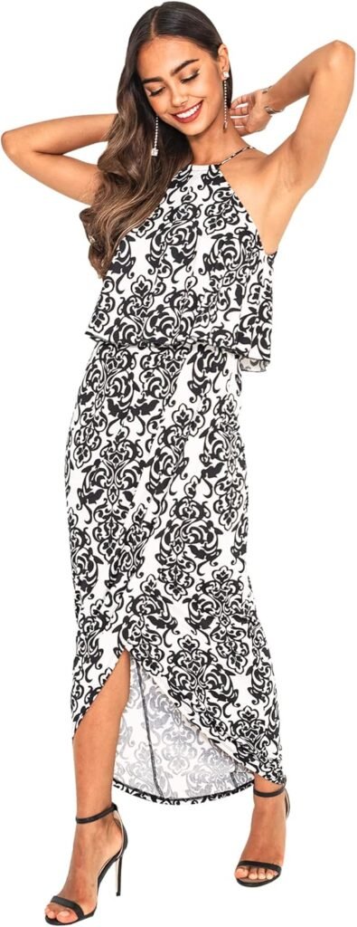 KOH KOH Womens 2025 Long Sexy Halter Damask Print Dressy Cocktail Maxi Dress