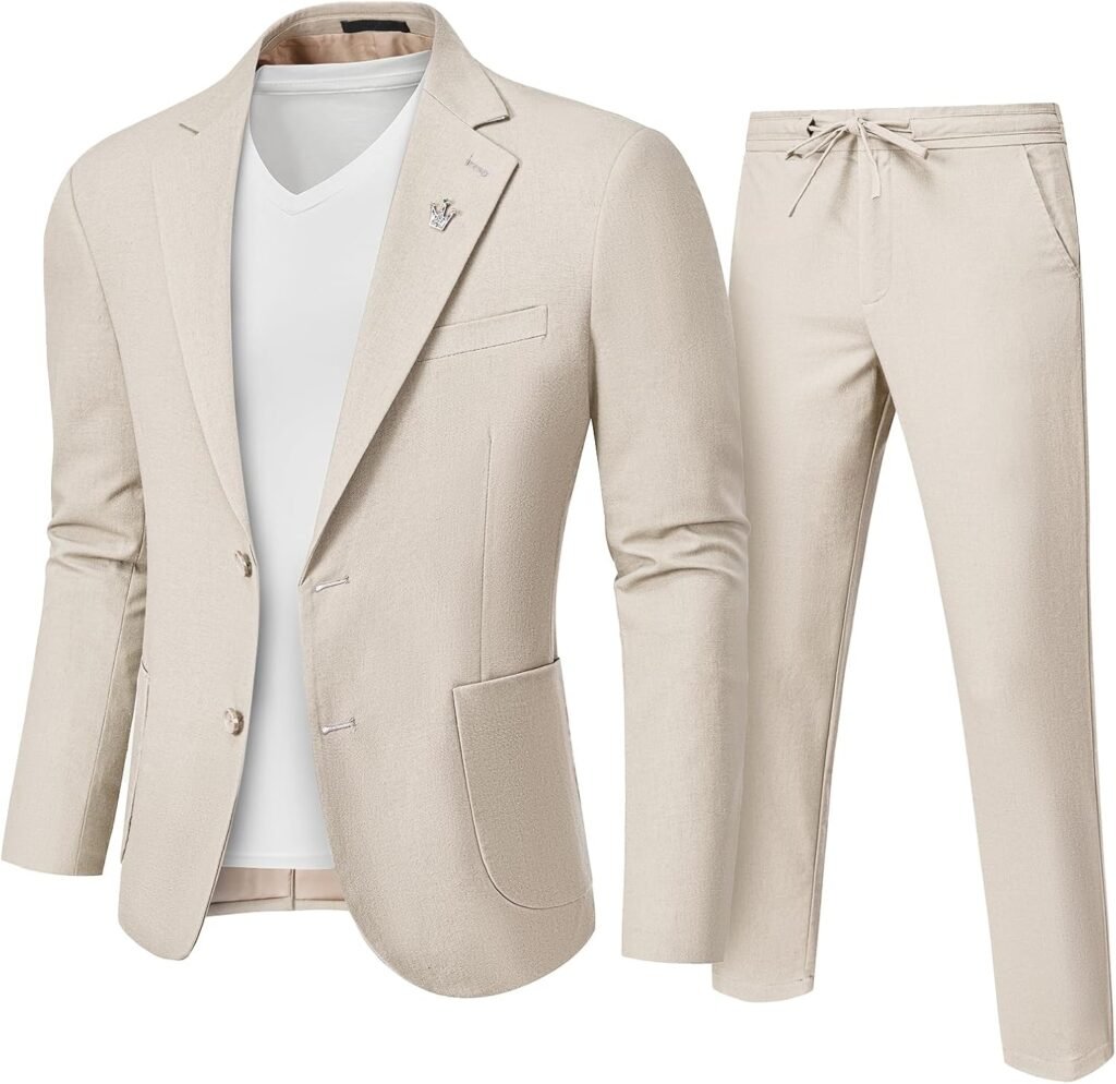 Hihawk Men's Linen Suit 2 Pieces Regular Fit, Two Buttons Lightweight Jacket and Pants for Beach Wedding, Summer Time, Prom