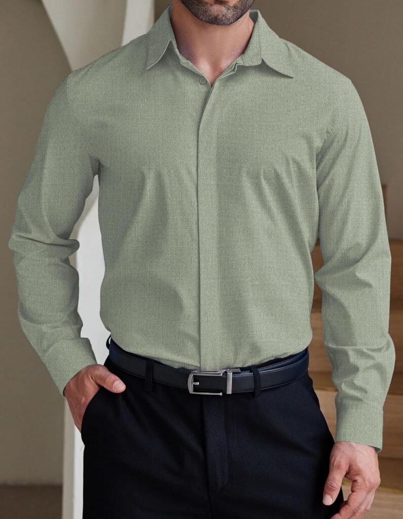 COOFANDY Men's Formal Dress Shirt Hidden Button Front Wrinkle Free Shirt Regular Fit Stretch Business Casual Shirts